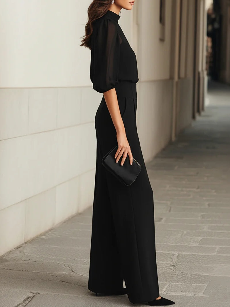 Valentina • Black Three-Piece Set with Sheer Camisole Top and Wide-Leg Trousers • S2