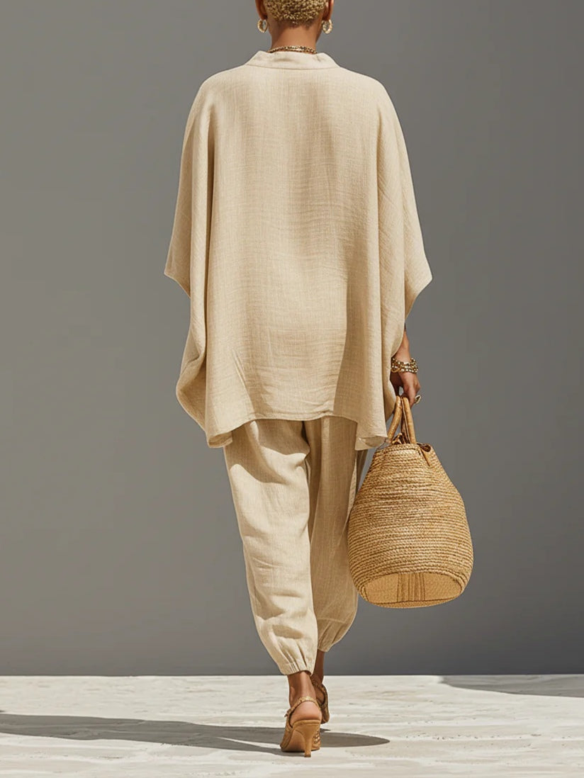 Arianna | Minimalist Top and Jogger Trousers with Asymmetrical Hem in Light Khaki
