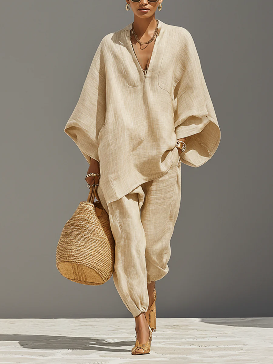 Arianna | Minimalist Top and Jogger Trousers with Asymmetrical Hem in Light Khaki