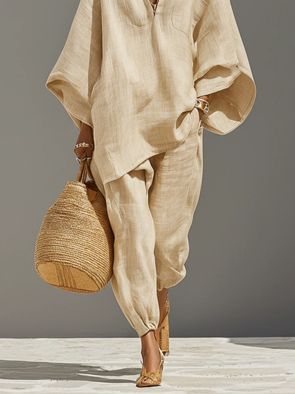 Arianna | Minimalist Top and Jogger Trousers with Asymmetrical Hem in Light Khaki