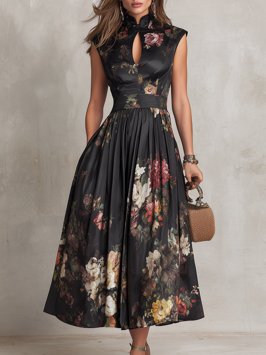Violetta – Black pleated satin midi dress with floral pattern and keyhole neckline ✨