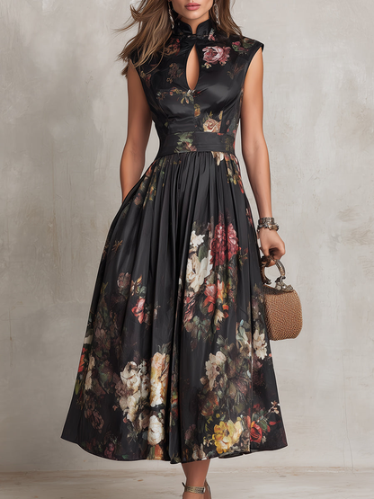 Violetta – Black pleated satin midi dress with floral pattern and keyhole neckline ✨