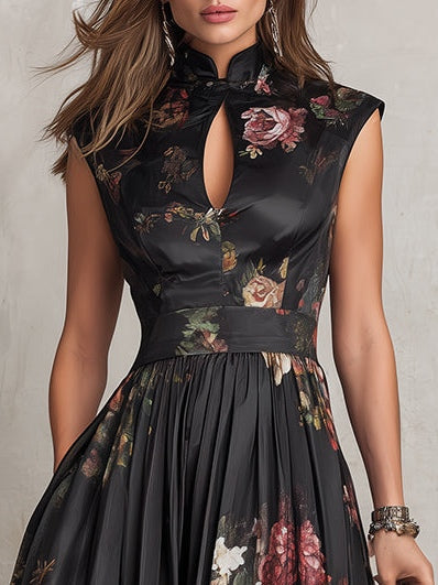 Violetta – Black pleated satin midi dress with floral pattern and keyhole neckline ✨
