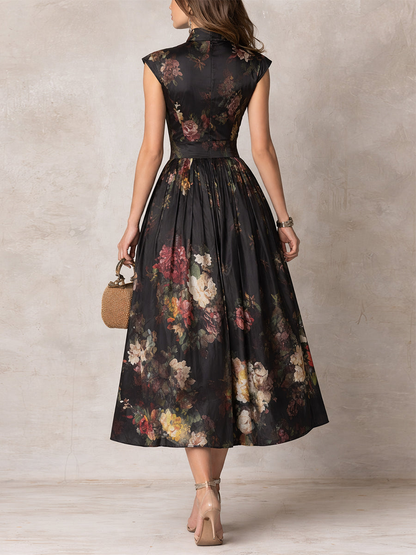 Violetta – Black pleated satin midi dress with floral pattern and keyhole neckline ✨