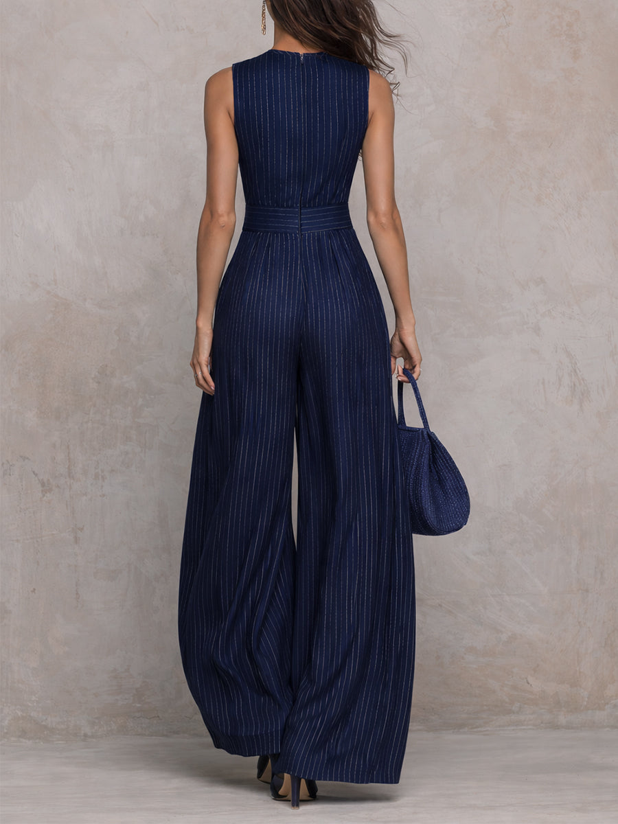 Anna | Dark blue striped jumpsuit with a keyhole neckline and wide-leg trousers