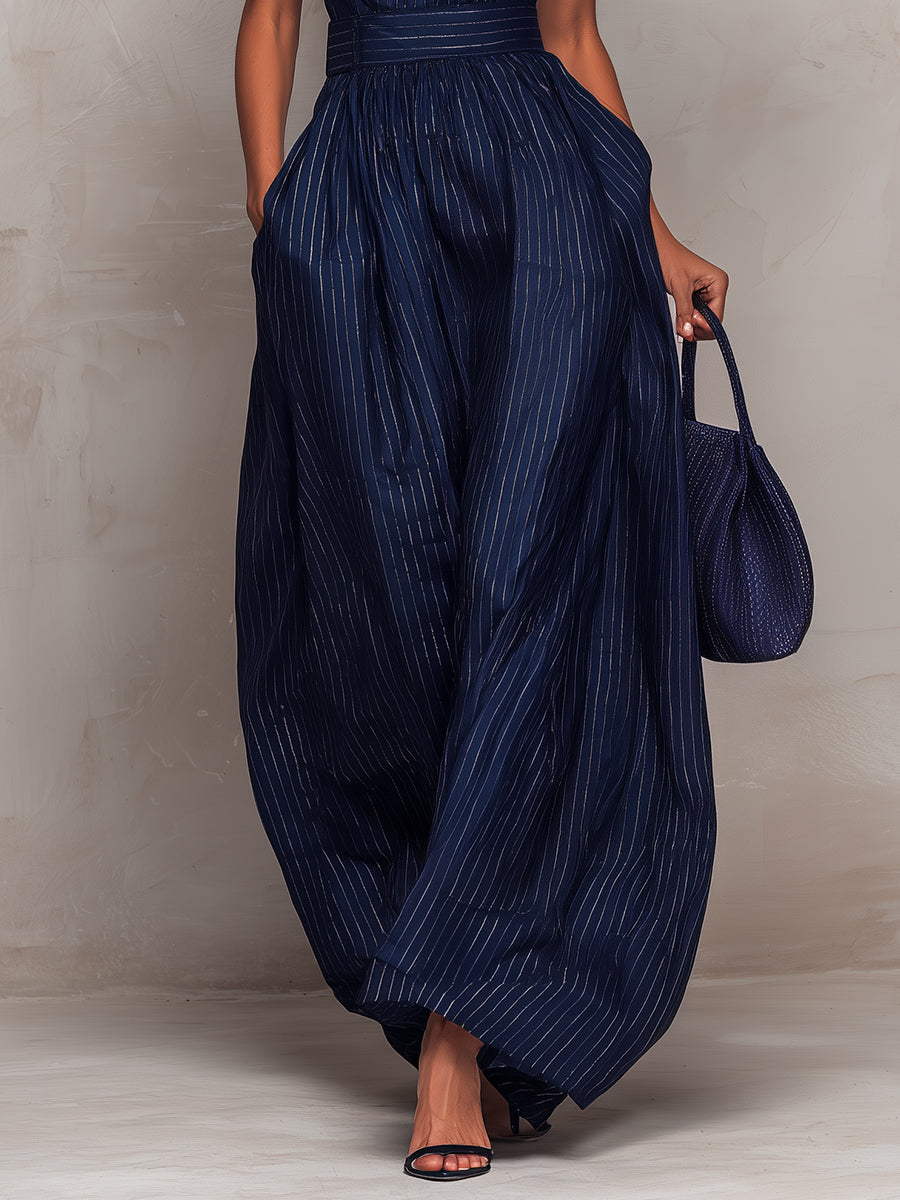 Anna | Dark blue striped jumpsuit with a keyhole neckline and wide-leg trousers