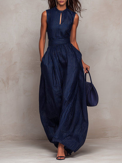 Anna | Dark blue striped jumpsuit with a keyhole neckline and wide-leg trousers