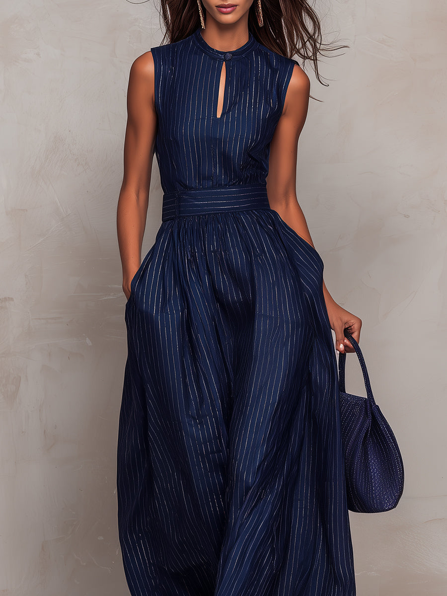 Anna | Dark blue striped jumpsuit with a keyhole neckline and wide-leg trousers