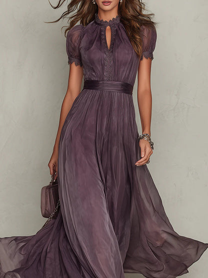 Flavia • Long Purple Dress with Keyhole Neckline & Chiffon Lace Trim