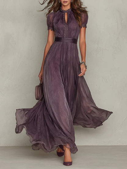 Flavia • Long Purple Dress with Keyhole Neckline & Chiffon Lace Trim