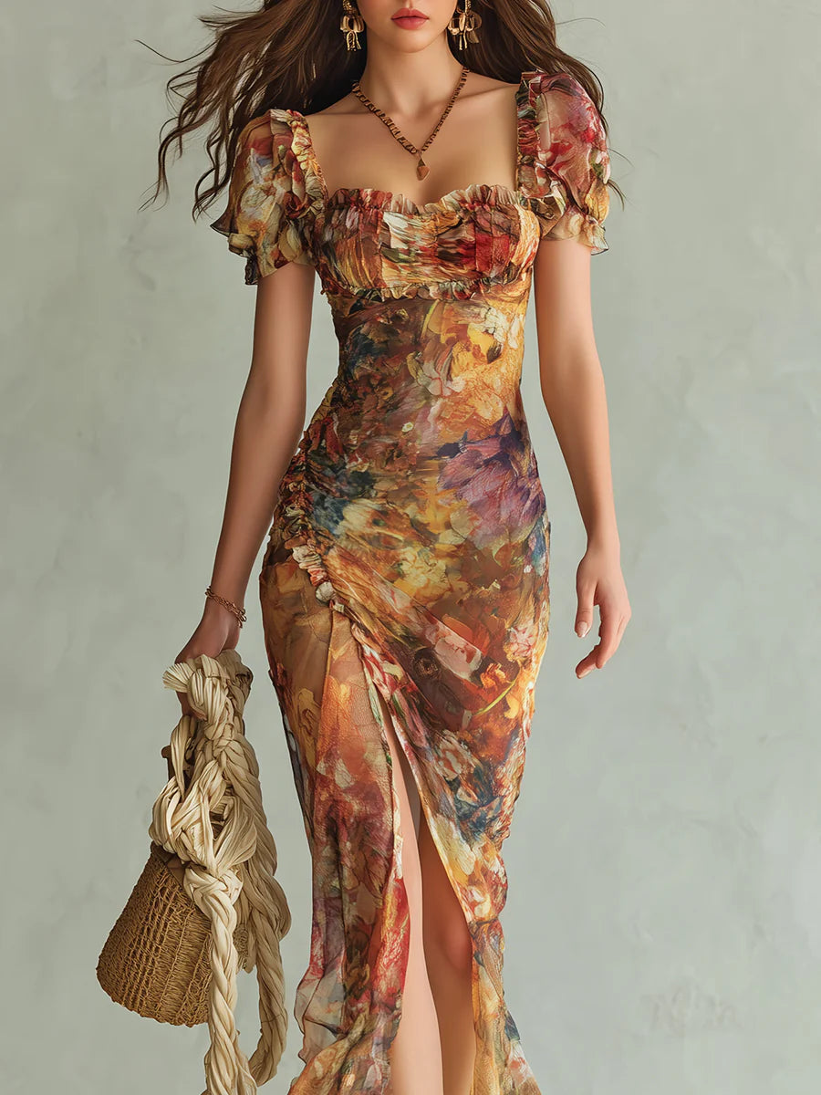 Viola | Bohemian Orange Chiffon Maxi Dress ✨