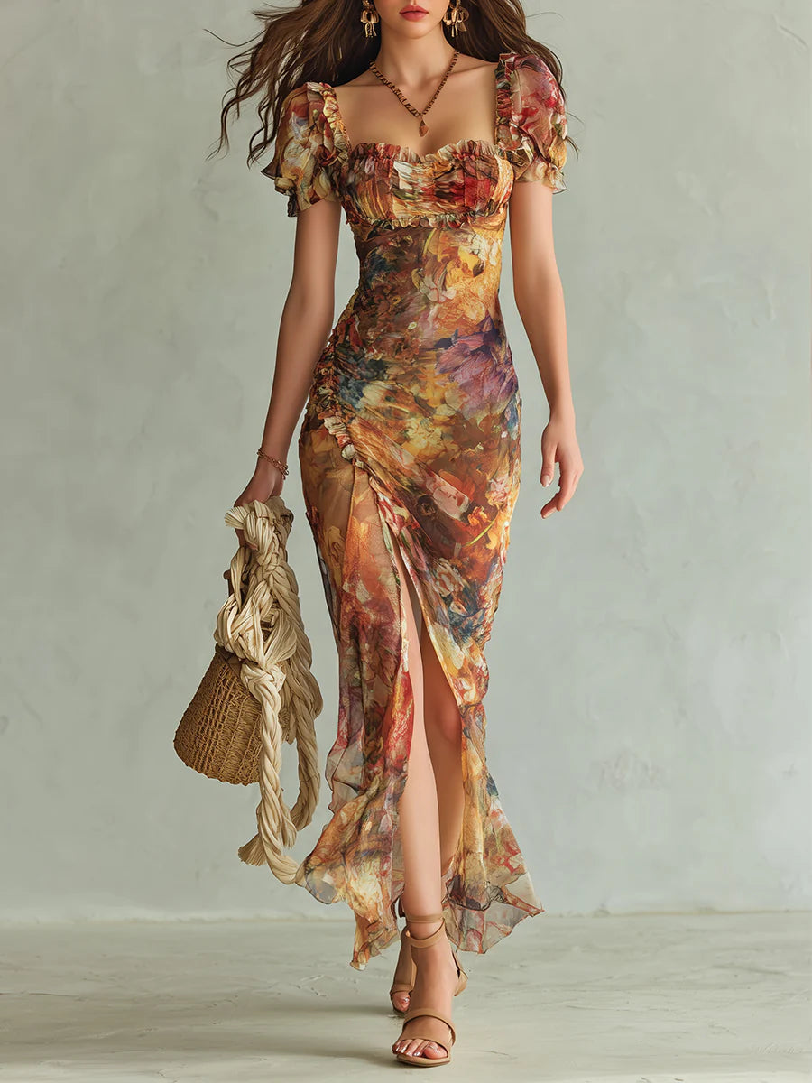 Viola | Bohemian Orange Chiffon Maxi Dress ✨