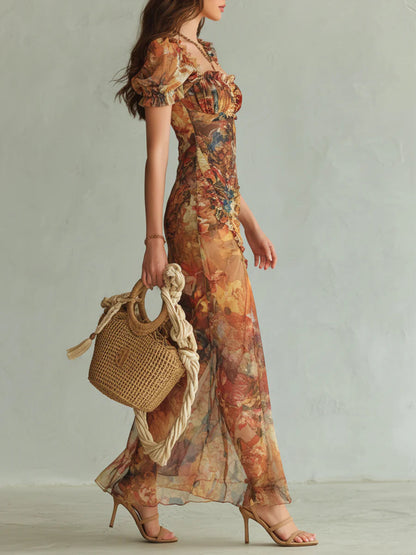 Viola | Bohemian Orange Chiffon Maxi Dress ✨