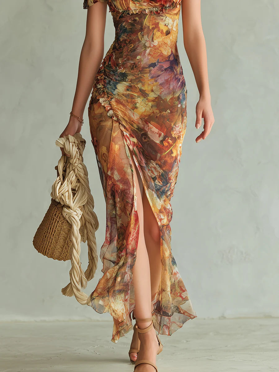 Viola | Bohemian Orange Chiffon Maxi Dress ✨
