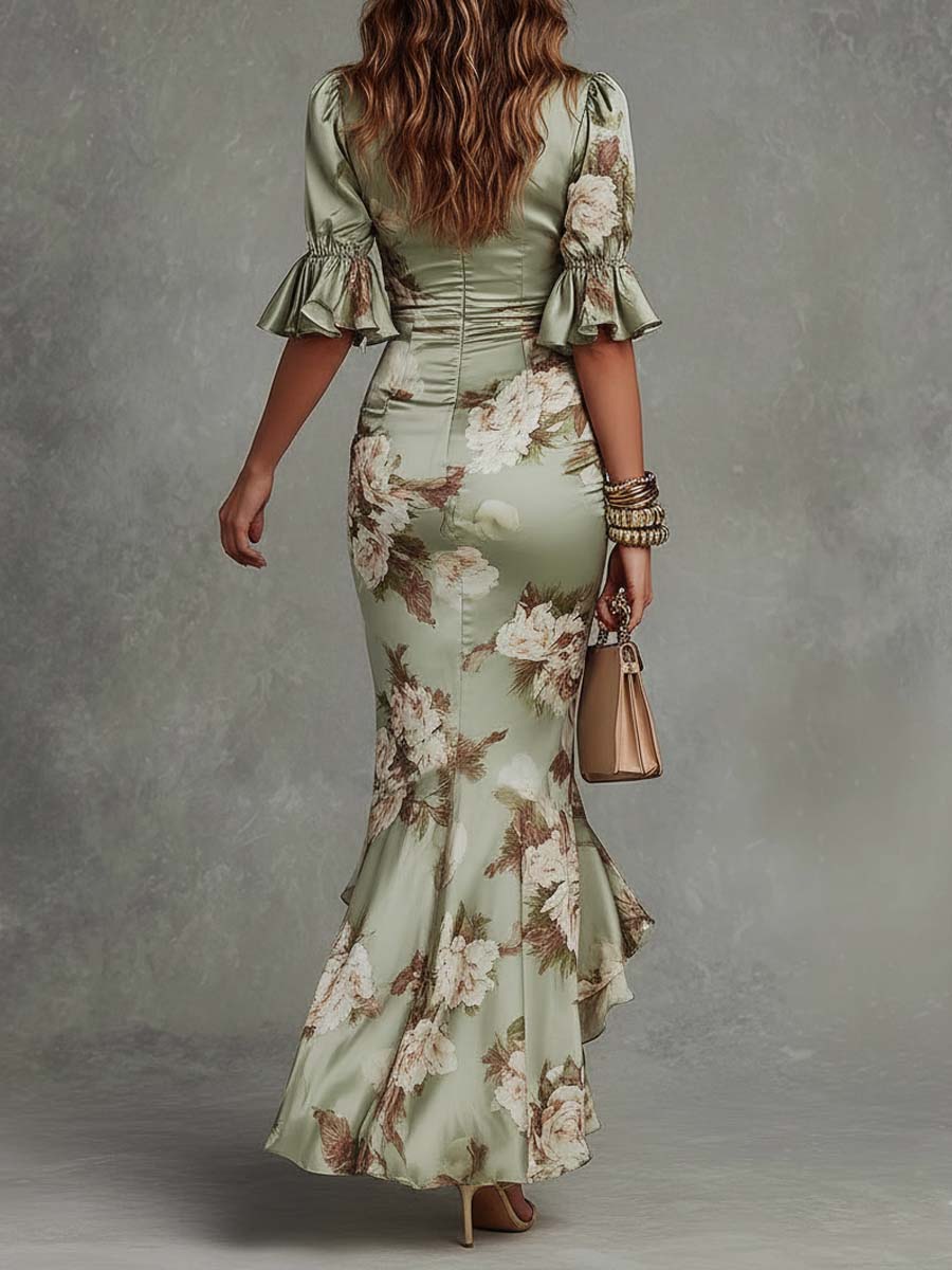 Anna – Asymmetric Green Satin Maxi Dress with V-Neck, Ruched Bell Sleeves and Floral Print