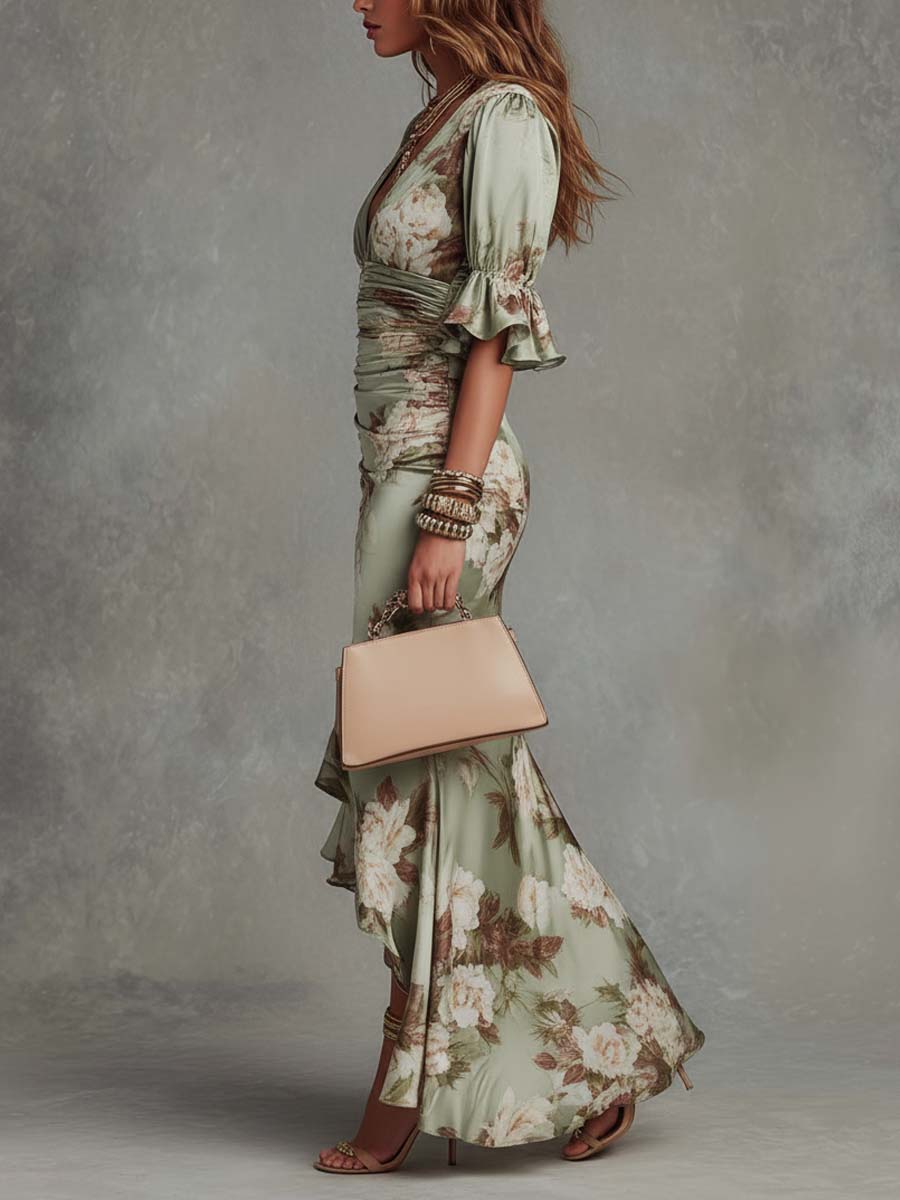Anna – Asymmetric Green Satin Maxi Dress with V-Neck, Ruched Bell Sleeves and Floral Print
