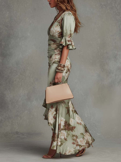 Anna – Asymmetric Green Satin Maxi Dress with V-Neck, Ruched Bell Sleeves and Floral Print