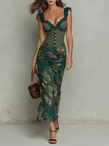 Giorgia – Long Dress with Striped Floral Print and Retro Lace Trim