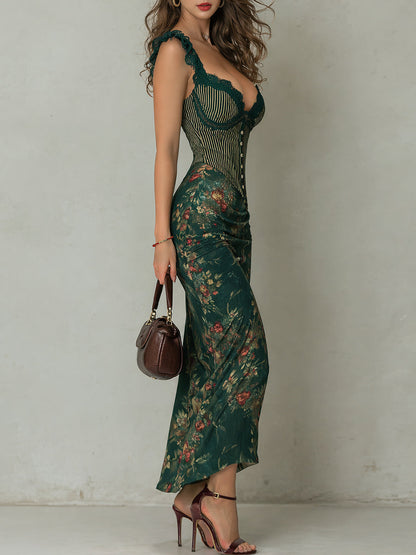 Giorgia – Long Dress with Striped Floral Print and Retro Lace Trim