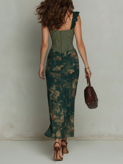 Giorgia – Long Dress with Striped Floral Print and Retro Lace Trim