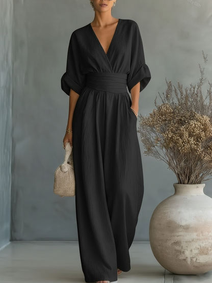 ESSENTIAL - Elegant V-Neck High-Waisted Jumpsuit