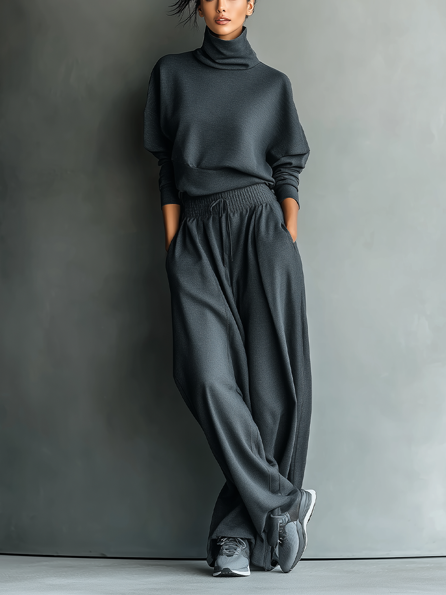 🌸 Women's Charcoal Knit Set with High Neck Top and Wide-Leg Pants