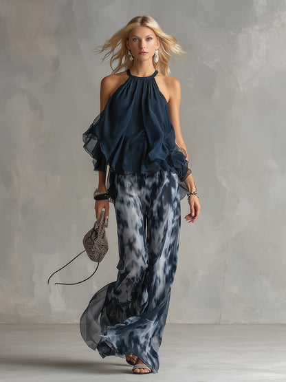 ESSENTIAL - Ludovica – Elegant chiffon set with high-neck top and wide-leg printed trousers
