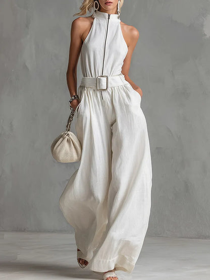 Elegant City Jumpsuit – Belted, Sleeveless, Wide-Leg Fit • S1