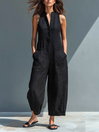 🌸  Women's Minimalist Sleeveless Linen-Blend Jumpsuit with High Collar and Buttons