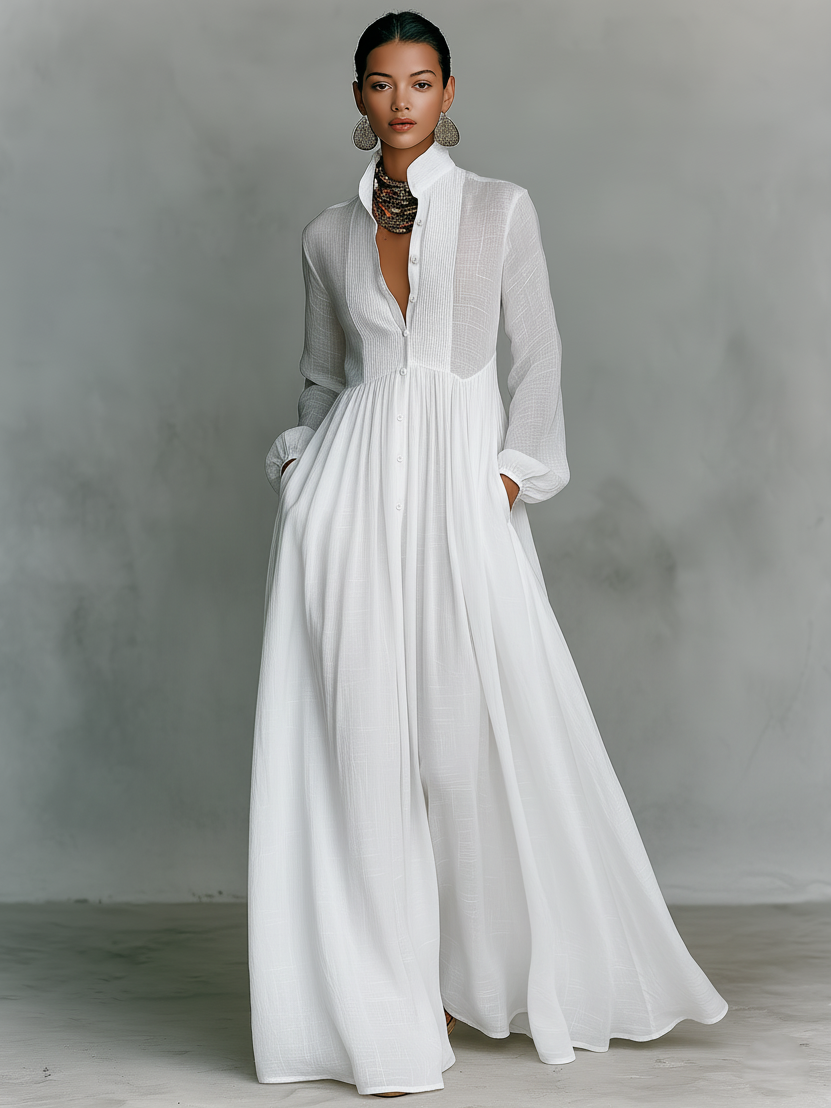 ESSENTIAL - Maxi Minimalist Dress in Cotton & Linen with Patchwork, High Collar and Long Sleeves
