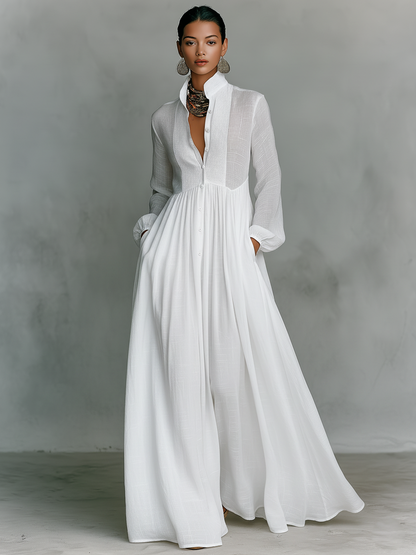 ESSENTIAL - Maxi Minimalist Dress in Cotton & Linen with Patchwork, High Collar and Long Sleeves