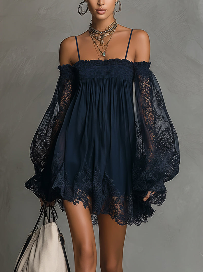 Noemi | Chiffon mini dress with an off-the-shoulder neckline, lace trim, and sheer sleeves