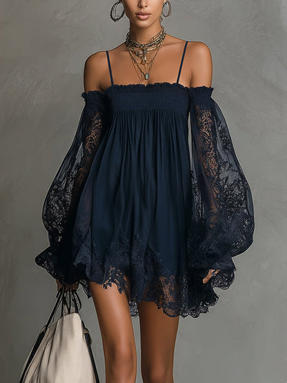 Noemi | Chiffon mini dress with an off-the-shoulder neckline, lace trim, and sheer sleeves
