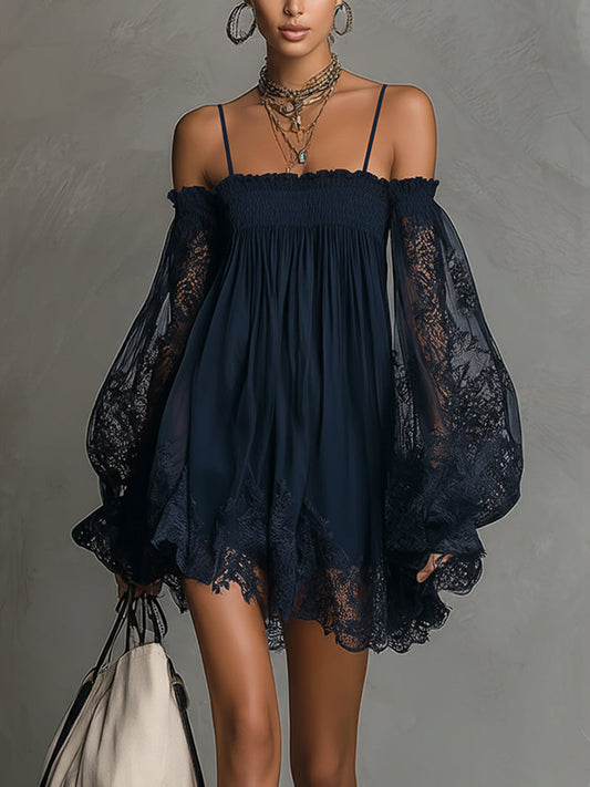 Noemi | Chiffon mini dress with an off-the-shoulder neckline, lace trim, and sheer sleeves