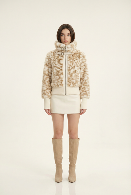 Julie Short Jacket with Stand Collar – Beige & Brown