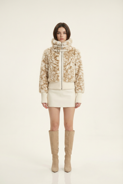 Julie Short Jacket with Stand Collar – Beige & Brown