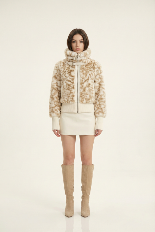 Julie Short Jacket with Stand Collar – Beige & Brown