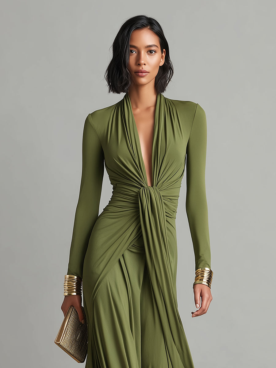 🌸 Olive Green Long Elastic Silk Dress with Deep V-Neck and Ruched Details, Glamorous Maxi Dress