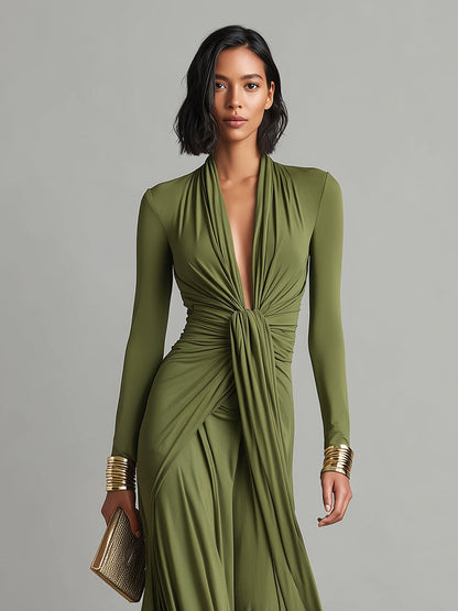 🌸 Olive Green Long Elastic Silk Dress with Deep V-Neck and Ruched Details, Glamorous Maxi Dress