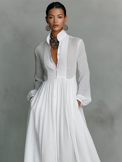 Minimalist Cotton & Linen Patchwork Maxi Dress with Stand Collar and Long Sleeves