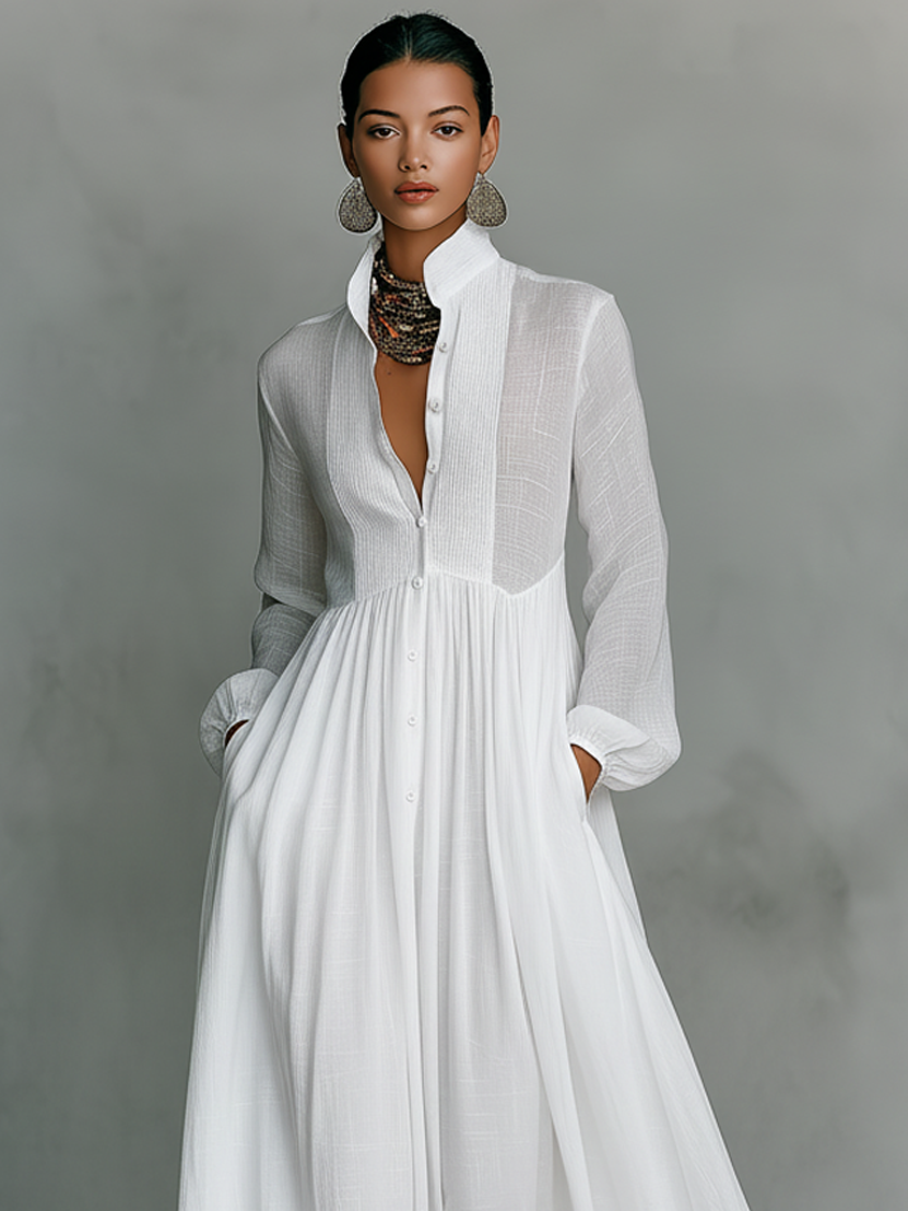 ESSENTIAL - Maxi Minimalist Dress in Cotton & Linen with Patchwork, High Collar and Long Sleeves