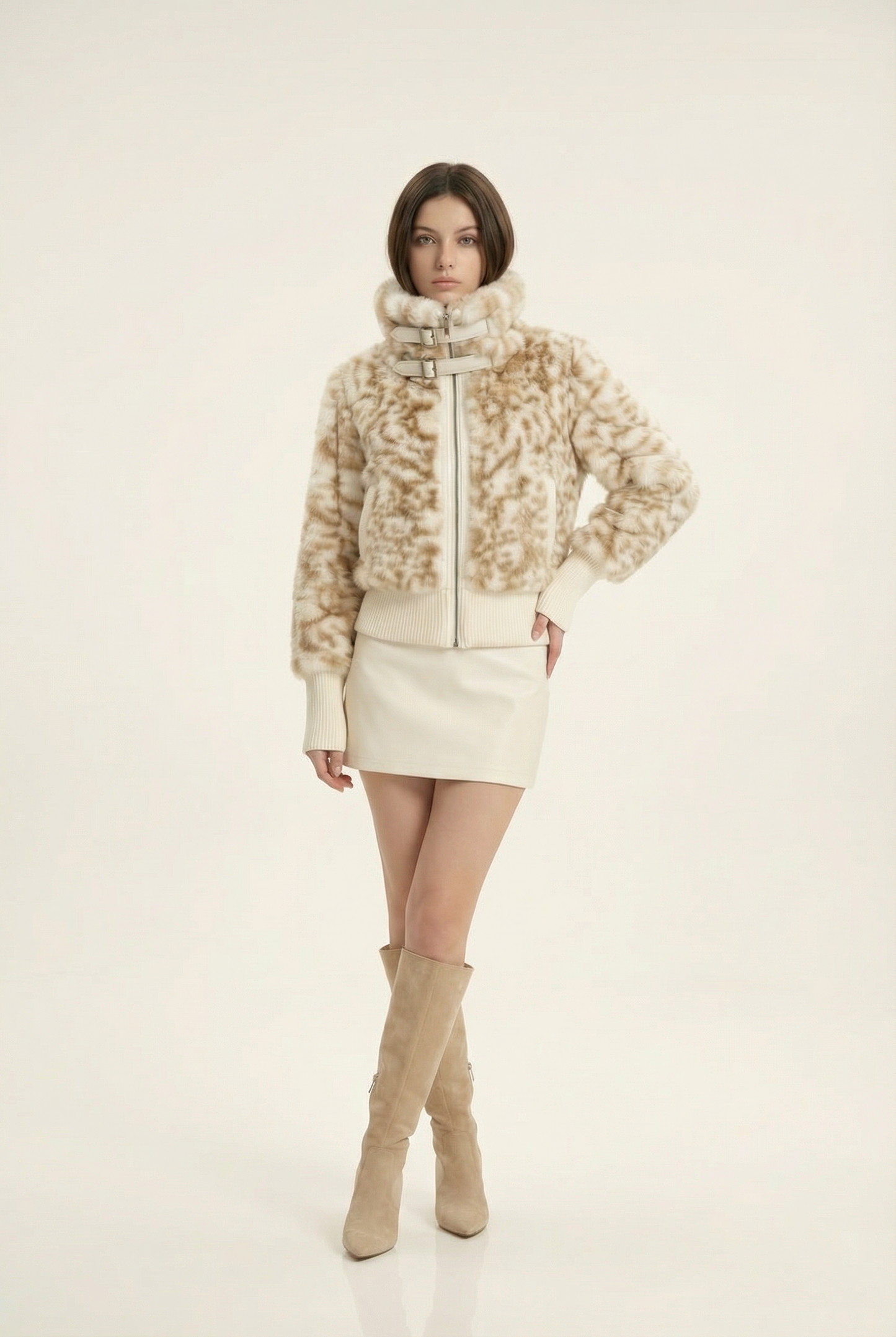 Julie Short Jacket with Stand Collar – Beige & Brown