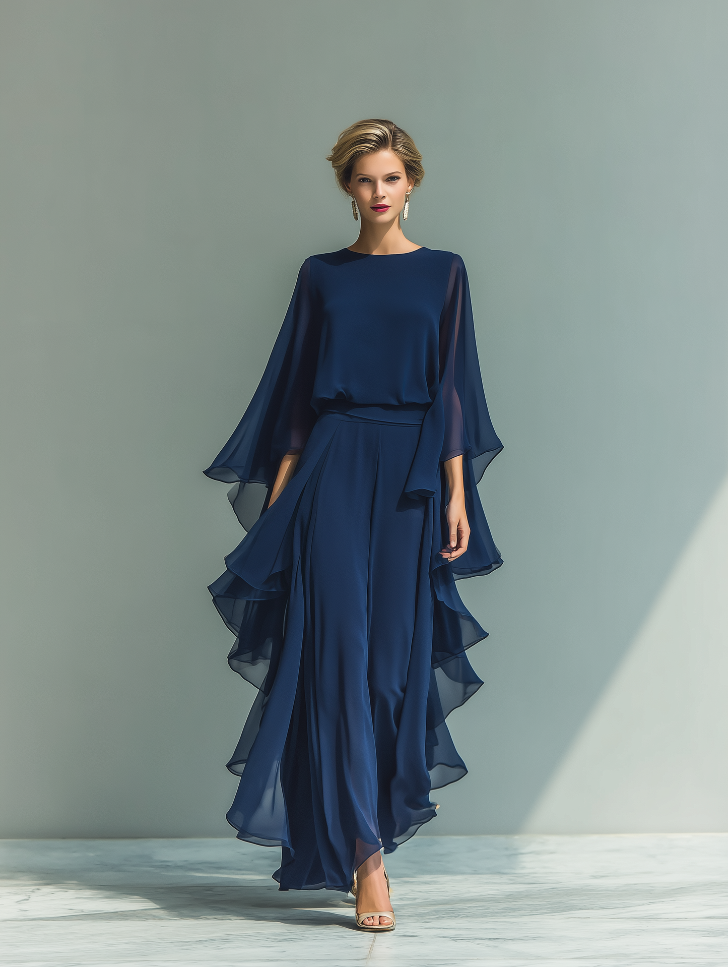 🌸  Navy Blue Chiffon Top Set with Flared Sleeves and Straight-Leg Pants with Ruched Details