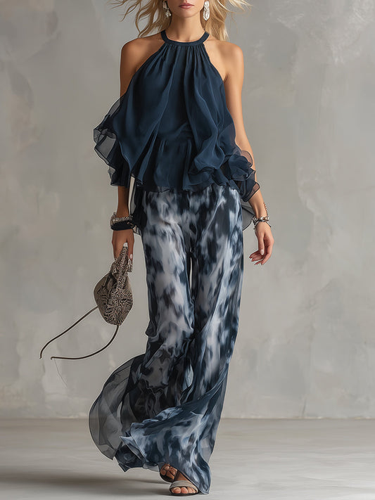 Ludovica – Elegant chiffon set with high-neck top and wide-leg printed trousers 🖤
