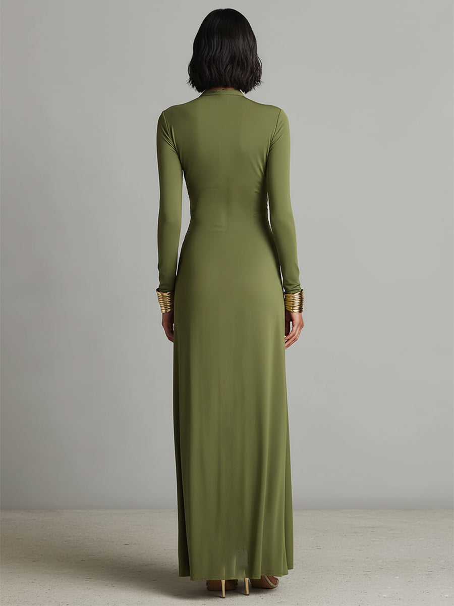🌸 Olive Green Long Elastic Silk Dress with Deep V-Neck and Ruched Details, Glamorous Maxi Dress