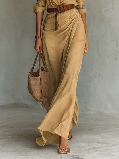 Maxi Long Dress with Lapel Collar and Long Sleeves