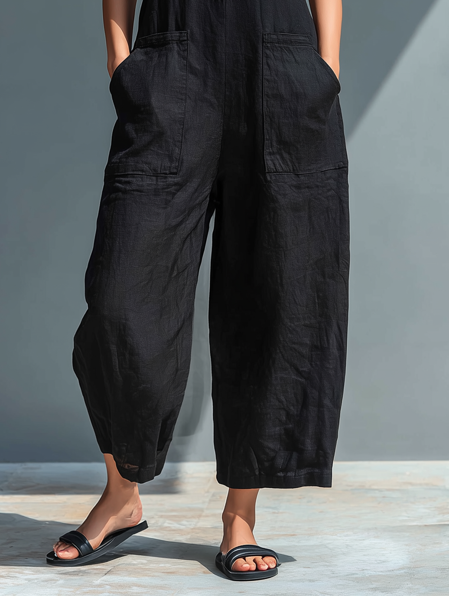 🌸  Women's Minimalist Sleeveless Linen-Blend Jumpsuit with High Collar and Buttons
