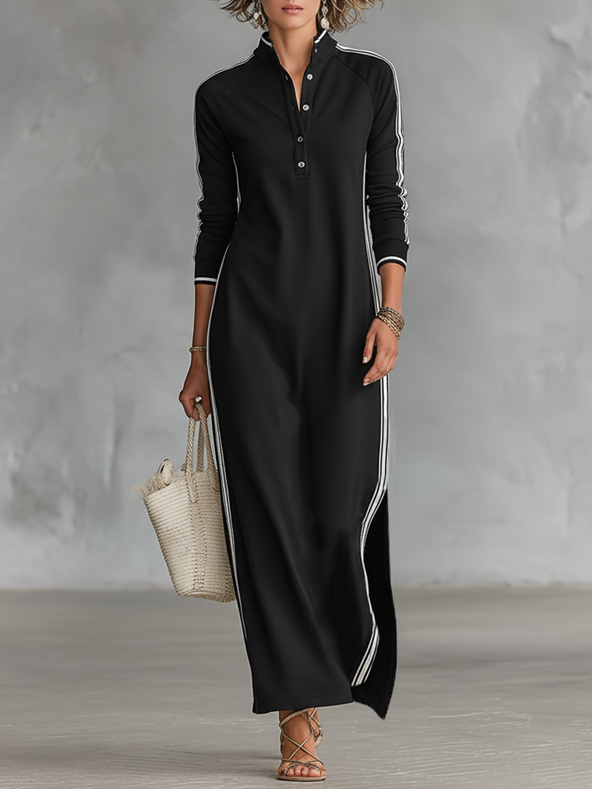 🌸  Women's Maxi Sweatshirt Dress with Button-Down Collar and White Trim