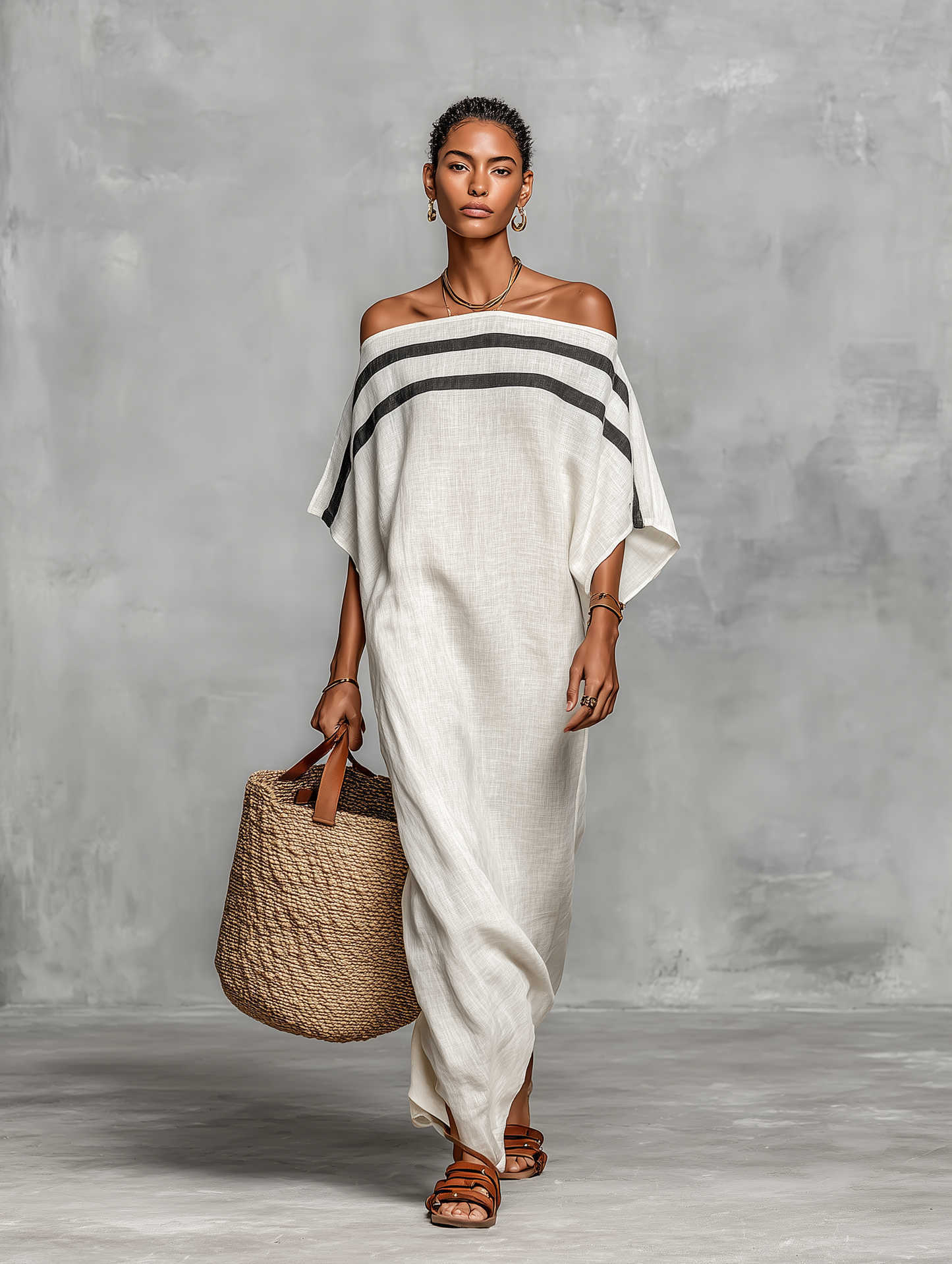 🌸 Women's Minimalist Linen Maxi Dress with Off-the-Shoulder Batwing Sleeves