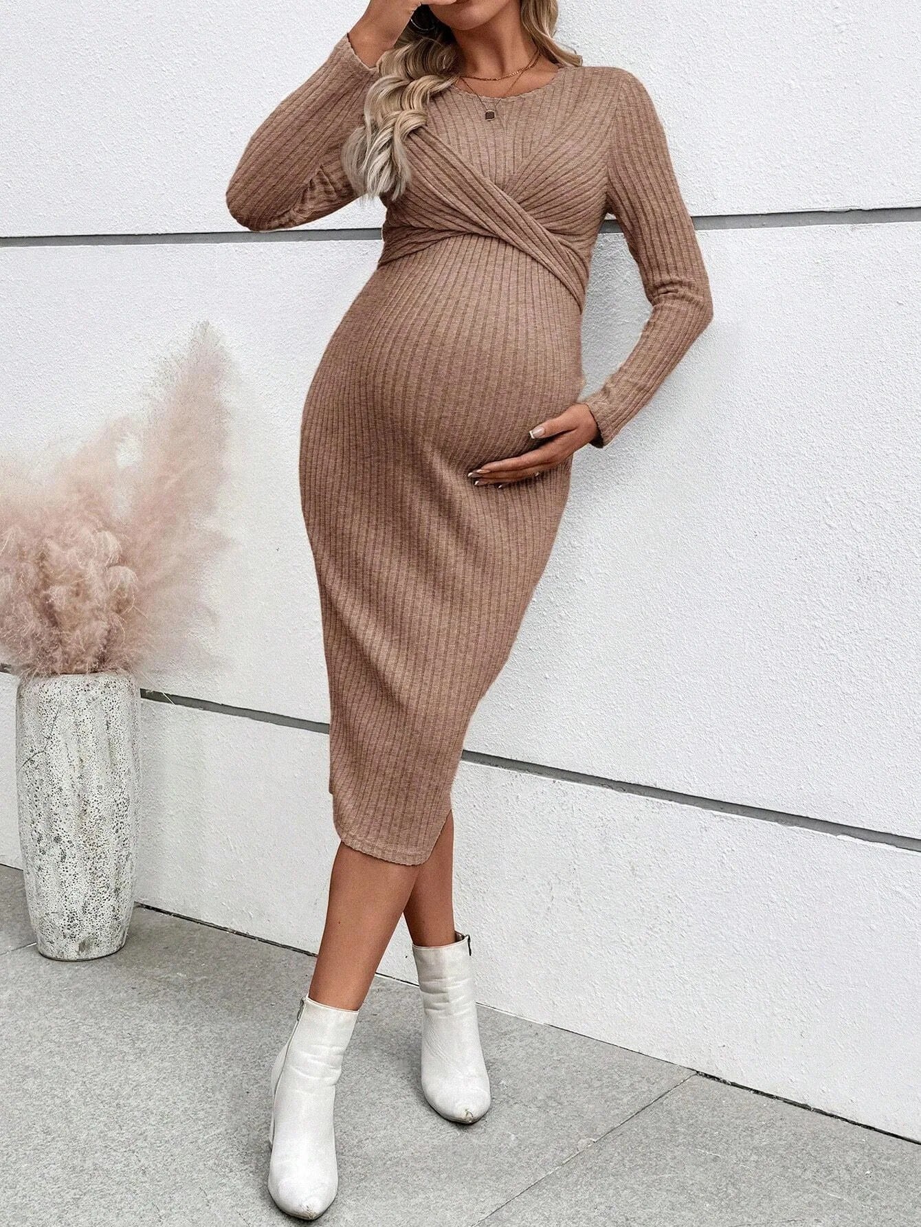 Ribbed Maternity Dress with Tie Details